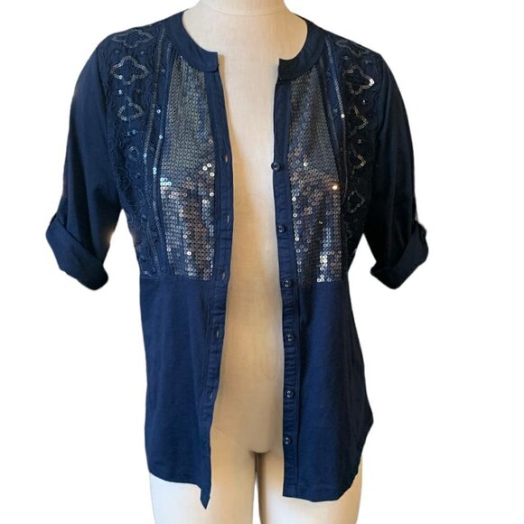 Style & Co Navy Blue Button Split Neck Sequin & Embroidery Top PM Blue #61P - Picture 3 of 8